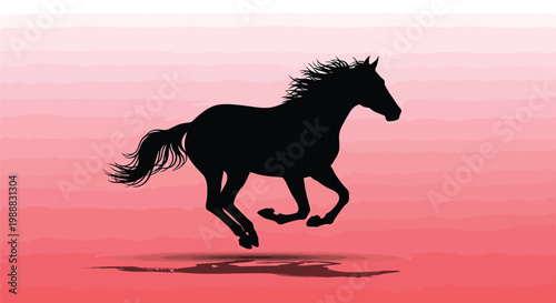 Galloping horse silhouette on pink gradient background, wild stallion running in profile, equestrian vector illustration for sports and nature branding