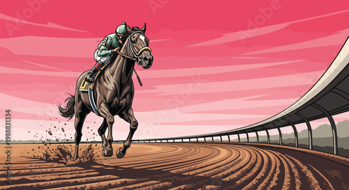 Vintage horse racing vector illustration, professional jockey riding thoroughbred on dirt track, equestrian sports competition at sunset