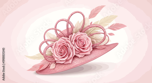 Elegant pink fascinator hat with roses and feathers, sophisticated millinery headpiece for weddings, formal derby hat vector illustration