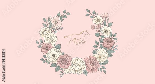 Vintage floral wreath with running horse line art, elegant botanical frame with roses and peonies, pastel pink equestrian vector illustration