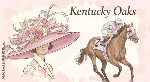 Kentucky Oaks horse racing vector, elegant woman in pink floral derby hat, thoroughbred racehorse with jockey, vintage equestrian sports illustration
