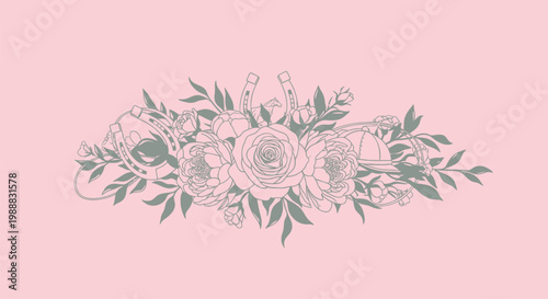 Equestrian floral border with roses and horseshoes, vintage horse racing line art vector, elegant derby day floral arrangement on pink background