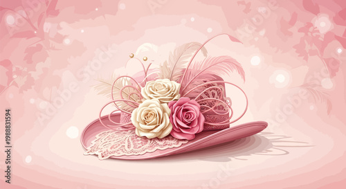 Vintage pink lady hat with roses and feathers, elegant floral headwear vector illustration, romantic feminine accessory for wedding or tea party