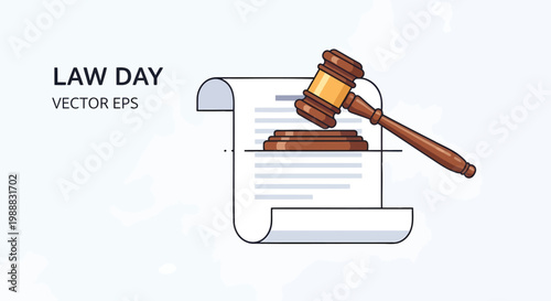 Law Day vector illustration, wooden judge gavel and legal document scroll, professional justice and court system concept, legal services banner