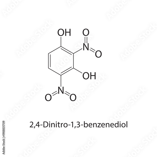2,4-Dinitro-1,3-benzenediol skeletal structure. phenol compound schematic illustration. Simple diagram, chemical formula.