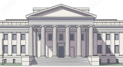 Classical neoclassical building vector, majestic courthouse with greek columns, grand museum or government institution facade on white background
