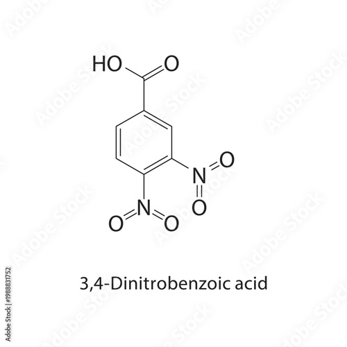 3,4-Dinitrobenzoic acid skeletal structure. carboxylic acid compound schematic illustration. Simple diagram, chemical formula.
