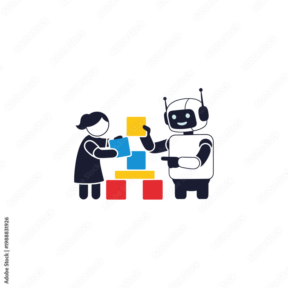 Fototapeta premium Child and Robot Building Blocks Together.