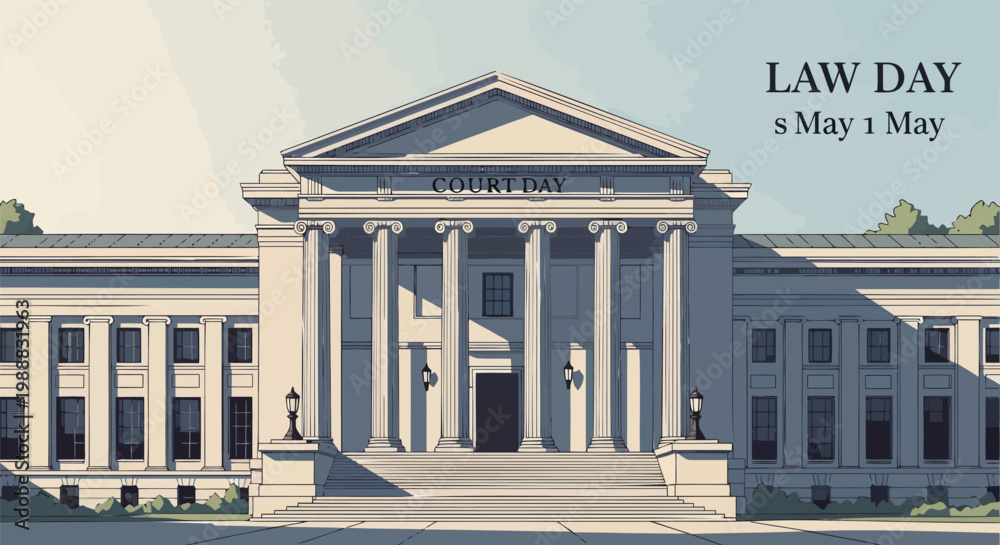 Fototapeta premium Law Day banner with courthouse building illustration, legal holiday poster for May 1st, classic government architecture vector with columns