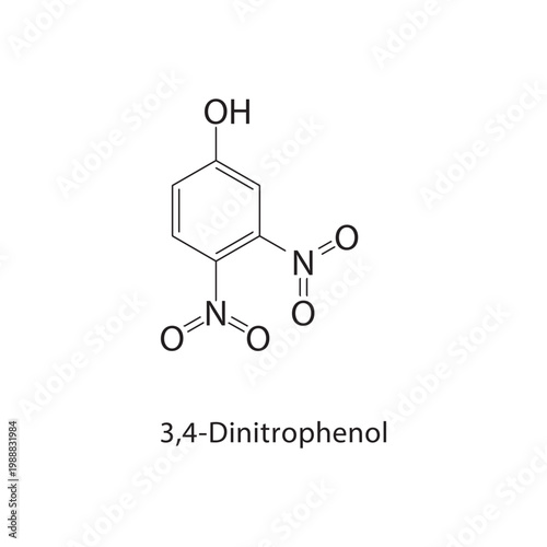 3,4-Dinitrophenol skeletal structure. phenol compound schematic illustration. Simple diagram, chemical formula.
