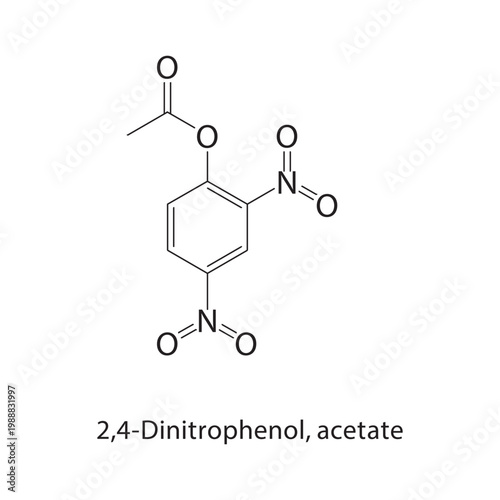 2,4-Dinitrophenol acetate skeletal structure. ester compound schematic illustration. Simple diagram, chemical formula.