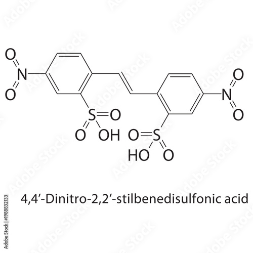 4,4’-Dinitro-2,2’-stilbenedisulfonic acid skeletal structure. sulfonic acid compound schematic illustration. Simple diagram, chemical formula.