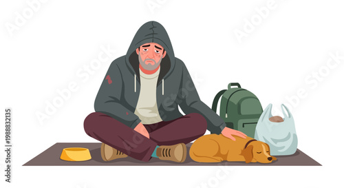 homeless man, sitting, dog, outdoors, vector illustration, charity, poverty, lifestyle