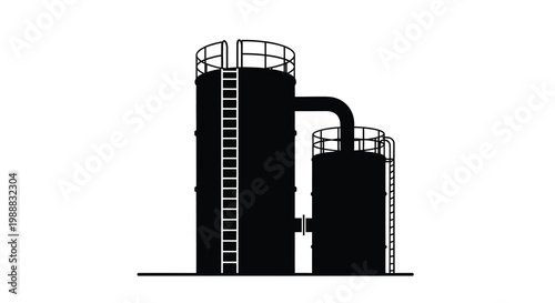 A stark black silhouette depicts industrial storage tanks connected by a pipeline against a white background