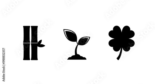 Collection of simple black icons representing growth and luck including bamboo seedling and four-leaf clover perfect for nature or wellness concepts