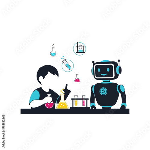 Child and Robot Conducting Science Experiment Together.
