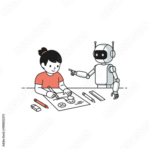 Child learning with a friendly robot assistant.