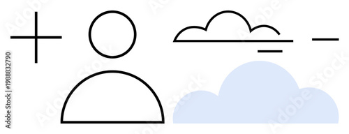 Decision-making, positivity, environmental concepts, human identity, minimalism, sustainability. A person icon next to clouds and plus-minus symbols. Decision-making and positivity concept visual