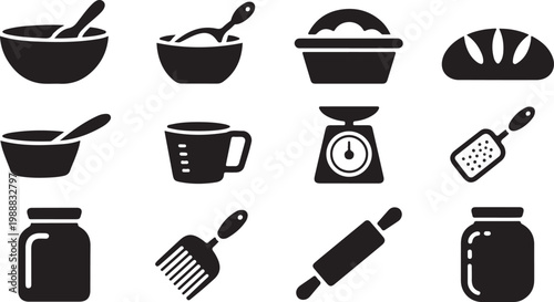 Black and white of kitchen utensils and cookware set isolated on white background