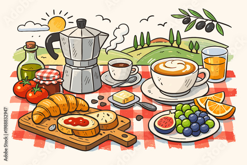 Italian Breakfast Doodle Illustration in Dolce Vita Style with Moka Pot, Cappuccino, Croissant, Bread with Jam, Fresh Fruits, Olive Oil, and Scenic Tuscany Landscape on Checkered Tablecloth.