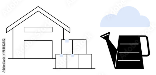 Logistics, agriculture, storage services, sustainability, inventory management, eco-conscious farming. Minimalist warehouse and boxes, cloud and watering can. Logistics and agriculture integration