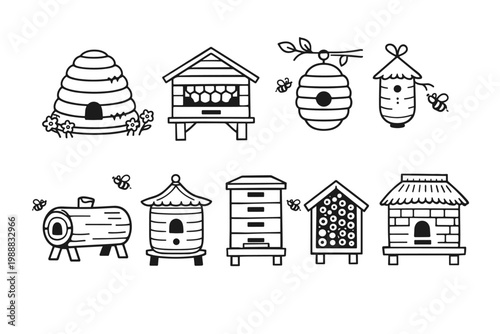 Vector Collection of Diverse Cartoon Outline Beehives and Bee Houses, Featuring Various Styles from Traditional Skeps to Modern Wooden Hives and Insect Hotels for Beekeeping and Garden Illustration