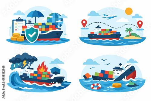 Cargo Ships with Freight Containers Set Illustrating Maritime Insurance, Global Delivery Routes, and Sea Transportation Risks like Storms, Fire, and Shipwrecks for Logistics and Trade Concepts