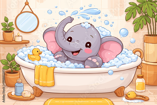 Cute Baby Elephant Taking a Bubble Bath in a Clawfoot Tub with a Rubber Duck, Whimsical Nursery Illustration of a Happy Little Animal in a Cozy Bathroom Interior, Flat Vector Art for Kids Decor