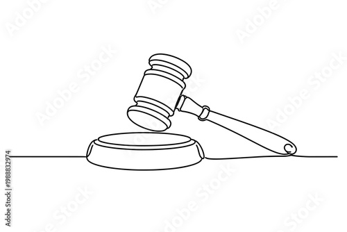 Continuous line drawing of a judge's gavel and sound block representing law, justice, and authority. Minimalist one-line art vector illustration for legal, auction, and courtroom concepts.