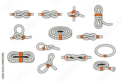 Set of Flat Vector Illustrations Featuring Various Rope Knots, Coiled Cords, and Loops with Orange Accents. Ideal for Nautical, Sailing, Climbing, Outdoor Adventure, and Marine Theme Designs.