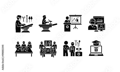 Various healthcare professions and educational activities depicted in icons
