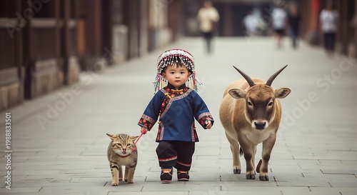 Child in traditional outfit walks cat on leash beside a young calf