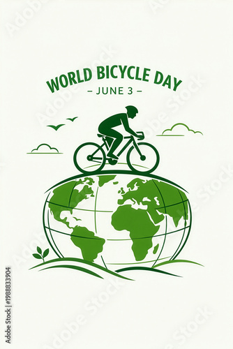 Minimalist green illustration for World Bicycle Day - 3 June, featuring the silhouette of a cyclist riding above a globe, highlighting the global importance of cycling as a healthy, and sustainable.
