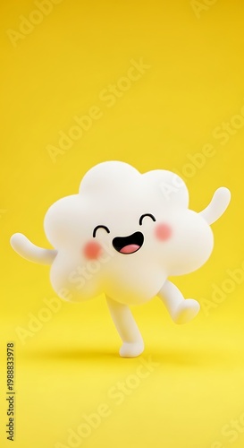 Cheerful cartoon cloud character with rosy cheeks, arms and legs, joyfully dancing on a bright yellow background