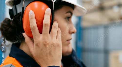 Candid macro detail of female engineer hand adjusting bright orange safety earmuff on hardhat. Clean minimalist background, B2B protection gear