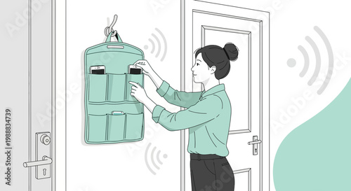 Woman organizing smart home devices and smartphones in wall organizer