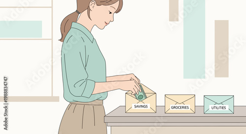 Woman organizing money into envelopes for savings, groceries, and utilities