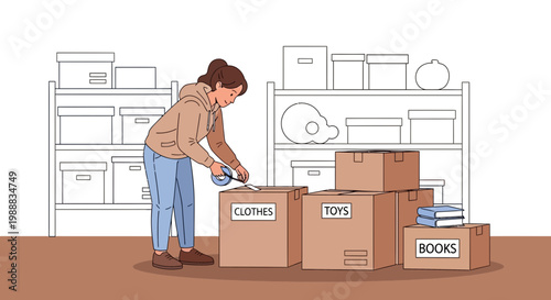 Woman packing boxes for moving or donation, organizing belongings