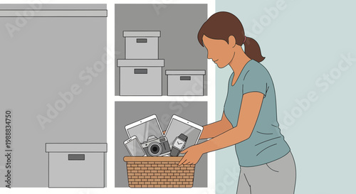 Woman Organizing Photos and Camera in Storage Box, Decluttering Memories