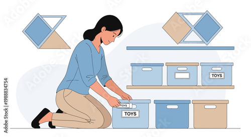 Woman organizing toys in storage boxes, tidying up children's room, decluttering concept