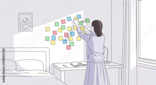 Woman planning with sticky notes on wall in bedroom, creative idea organization