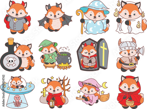 Cute set of Fox sticker with activity. Fox with variation of halloween theme