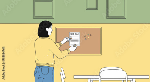 Woman pinning bill on corkboard, home organization, financial planning, administrative task