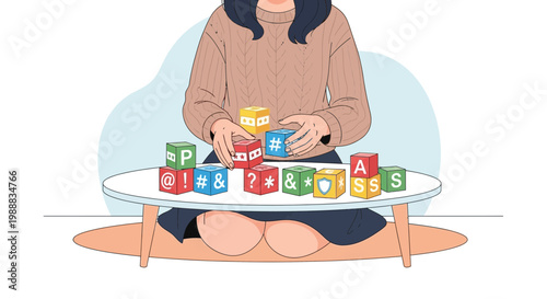 Woman playing with alphabet blocks with symbols and letters, creativity, learning, education