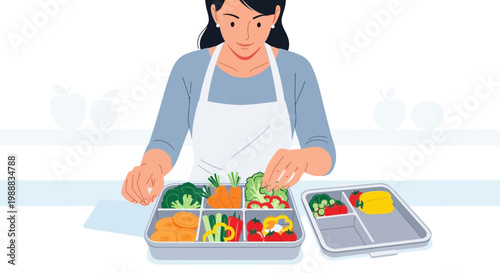 Woman preparing healthy lunch box with fresh vegetables and fruits