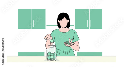Woman Saving Coins in a Jar at Home