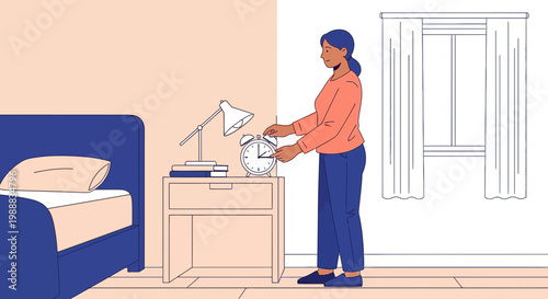 Woman setting alarm clock on bedside table in bedroom, morning routine, time management concept