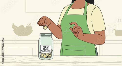 Woman saving coins in jar labeled "Weekly Dinner Allowance" for budget