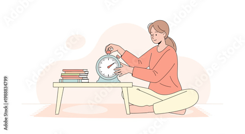 Woman setting alarm clock on table with books, studying or working from home concept