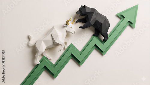 Bull and Bear Market Symbols Facing Each Other on Rising Green Growth Arrow, Stock Market Financial Concept